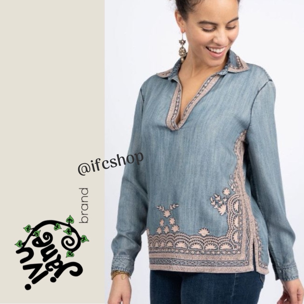 Ivy Jane Long Sleeve Embroidered Blouse in Indigo XL